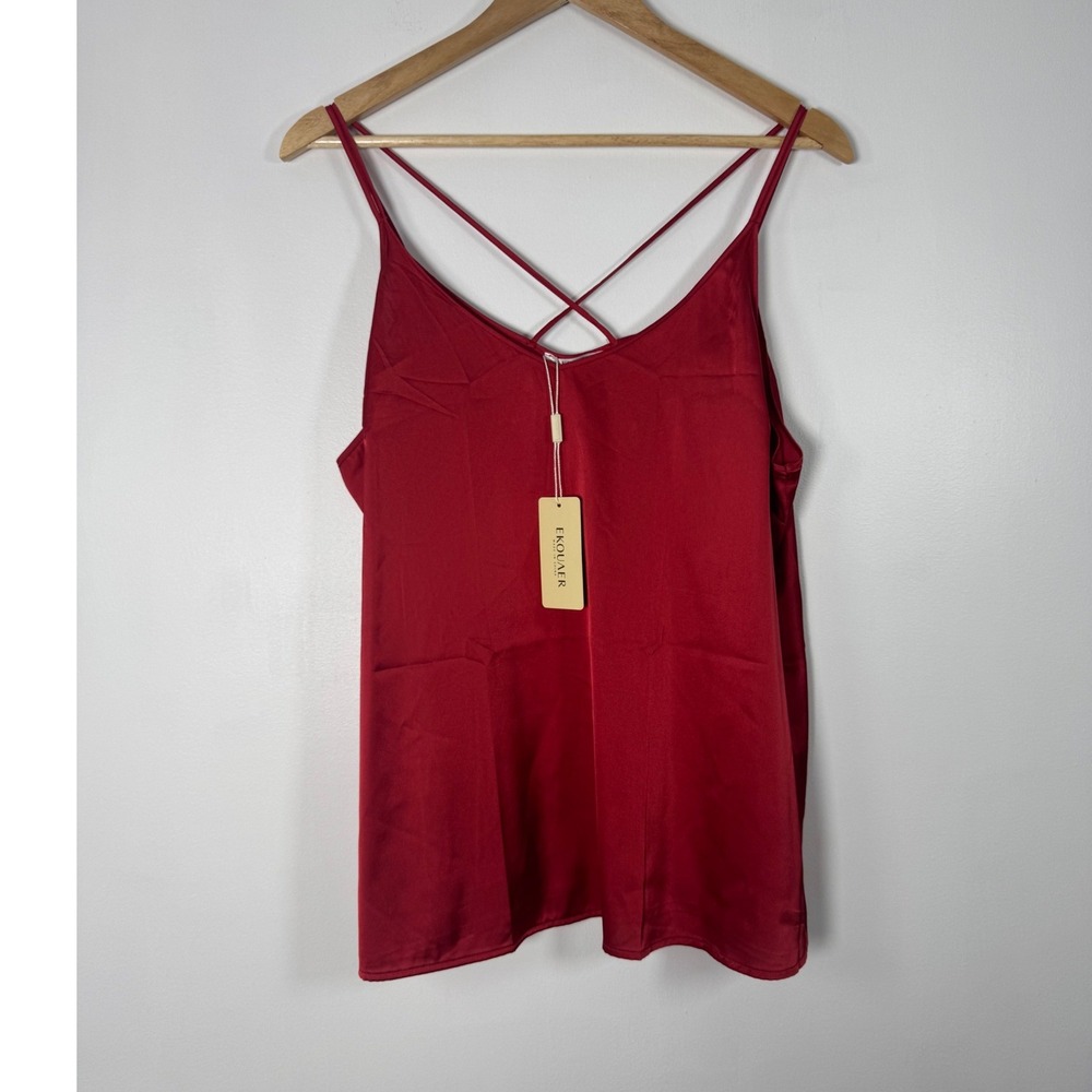Satin Ekouaer Womens XL Camisole Red Criss Cross Back Strappy Tank Top NWT